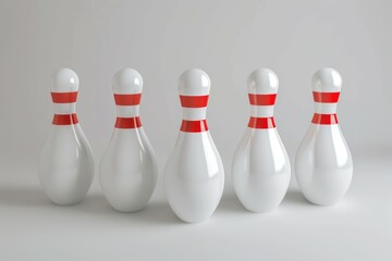 Five bowling pins are lined up in a row