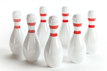 A row of bowling pins with red stripes