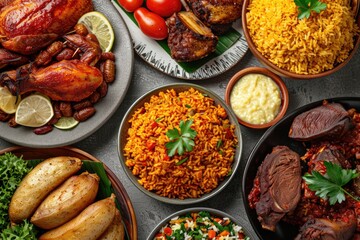 West African food concept. Traditional West African dishes assortment (rice, chicken, beef, pork, plantain , etc.), top view.