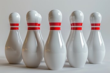 A row of bowling pins with red stripes