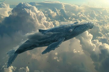 Whale flying in the clouds. Fantastic fantasy story