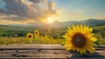 Sunflower on a wooden table with a sunflower field landscape and sunset mountains in the background  - Powered by Adobe