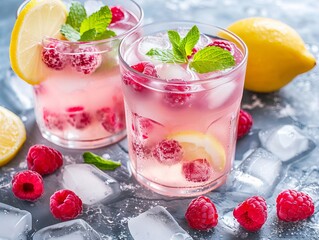 Lemonade with raspberry, mint, and ice on the table, with ice next to it 