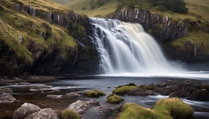 Obraz premium cinematisch aussehende landschaft mit traumhaften wasserfall, island, irland schottland