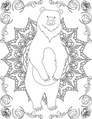 Bear on Mandala Coloring Page. Printable Coloring Worksheet for Adults and Kids. Educational Resources for School and Preschool. Mandala Coloring for Adults