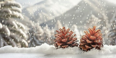 Winter and Christmas background with cones in front of a snowy landscape.