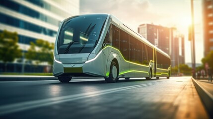 Electric bus with lightning in the city at night. 3D illustration. Sustainable energy. Electric vehicle. Green Energy Concept with Copy Space.	
