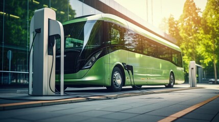 Electric bus with lightning in the city at night. 3D illustration. Sustainable energy. Electric vehicle. Green Energy Concept with Copy Space.	
