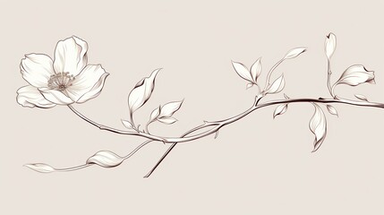 Elegant black and white line drawing of a magnolia flower branch with leaves on a beige background.