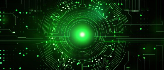 Glowing green circle in the center of a black background with circuit board pattern.