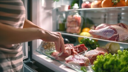Obraz premium Woman putting raw meat in refrigerator, closeup, Refrigerator with fresh meat products