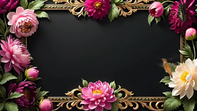 Beautiful frame of vibrant flowers with butterflies and bird