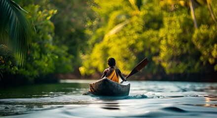 Experience the vitality of a young indigenous tribal boy with a paddle in a traditional canoe, set against the backdrop of a natural green jungle with mangrove trees in Melanesia, Papua New Guinea