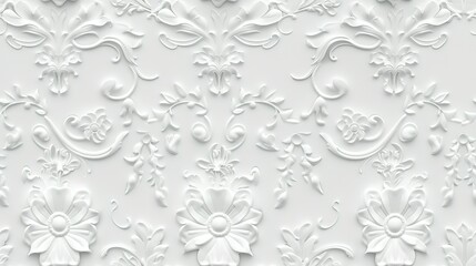 White damask wallpaper adorned with floral patterns background,