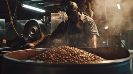Worker took Freshly roasted coffee to check the quality of mixer drum for cooling