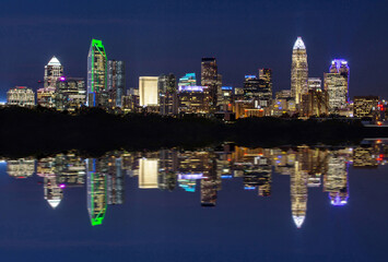 Naklejka premium Fanciful Symmetrical View of Uptown Charlotte, North Carolina, at Twilight