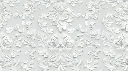White damask wallpaper adorned with floral patterns background,