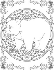 Bear on Mandala Coloring Page. Printable Coloring Worksheet for Adults and Kids. Educational Resources for School and Preschool. Mandala Coloring for Adults