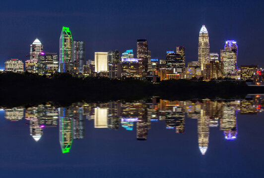 Fanciful Symmetrical View of Uptown Charlotte, North Carolina, at Twilight