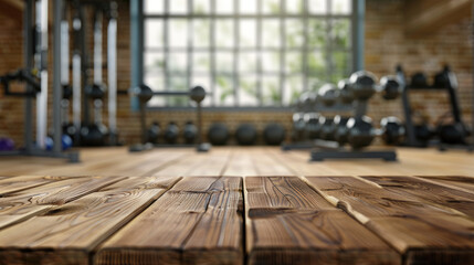 Empty wooden table space platform with fitness gym background