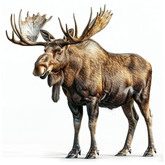 hyperrealistic dynamic action, standing moose, extremely bright white background 