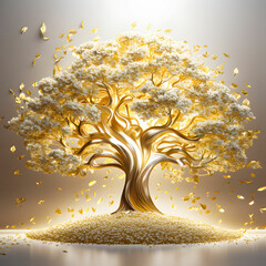 3D wallpaper golden tree life with white flowers, 3D mural, wallpaper, high quality