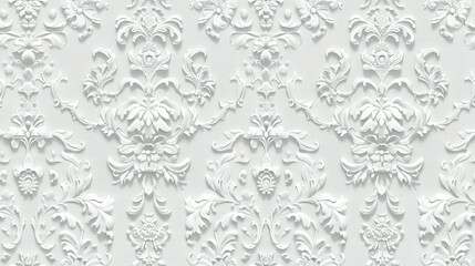 White damask wallpaper adorned with floral patterns background,