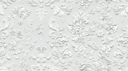 White damask wallpaper adorned with floral patterns background,
