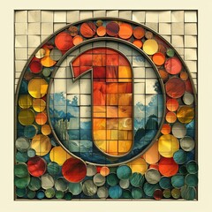 illustrated logo of the number 70 in 1960s style in earth tones stained glass 