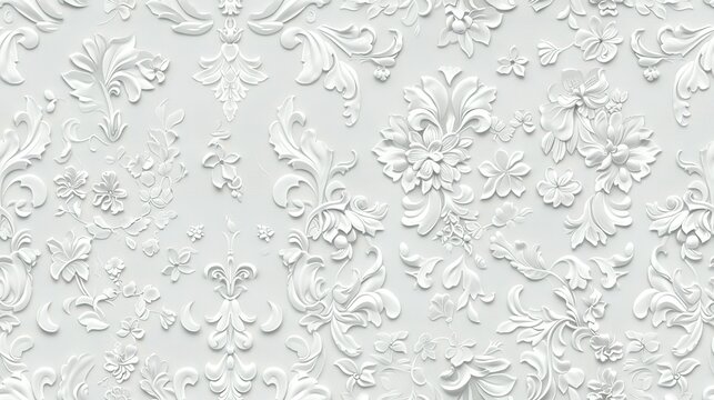 Fototapeta White damask wallpaper adorned with floral patterns background,