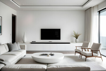 TV screen on the white wall in modern living room. 3d illustration