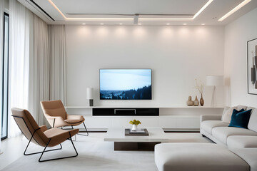 TV screen on the white wall in modern living room. 3d illustration