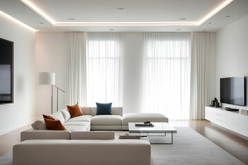 TV screen on the white wall in modern living room. 3d illustration