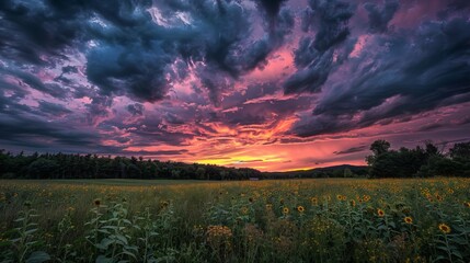 Dramatic sky at sunset over a sunflower field in Maine 