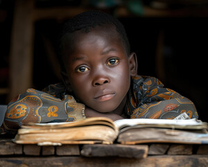 Portrait of a sad-faced African boy leaning on an old book at school