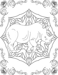 Fototapeta premium Rhino on Mandala Coloring Page. Printable Coloring Worksheet for Adults and Kids. Educational Resources for School and Preschool. Mandala Coloring for Adults
