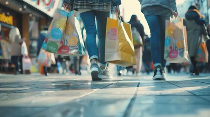 Close up view of female pedestrian's feet in city center carrying fashion shopping paper bag.