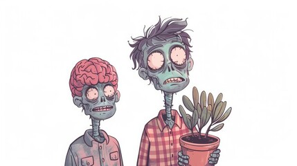 Teacher Gardener, Zombie, Brain-Shaped Plant, Educative, Thoughtful Expression, Relaxed Pose, Ideal for Educational Themes, Halloween, Whimsical Art