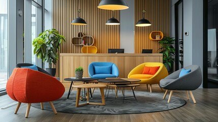 Wooden office corner with colorful chair, 3D rendering,