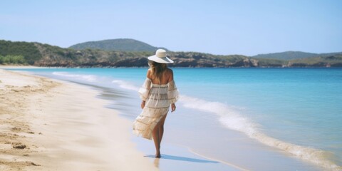 Attractive woman walking with beach cover up on a tropical beach