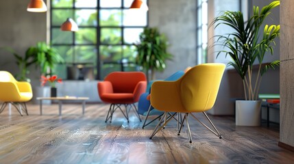 Fototapeta premium Wooden office corner with colorful chair, 3D rendering,