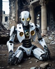 A robot kneeling on the ground in an alley with broken down buildings and garbage. 