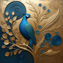 Flowers background, branches, peacocks, gold and blue. Painting. Modern Art. Wall art	