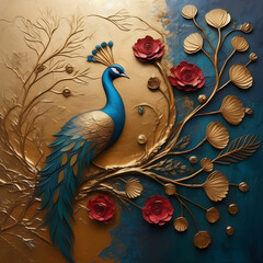 Flowers background, branches, peacocks, gold and blue. Painting. Modern Art. Wall art	