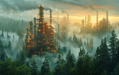 Fototapeta premium Industrial plant against a misty forest backdrop, emitting smoke with a sunrise sky, symbolizing environmental impact and industrialization.