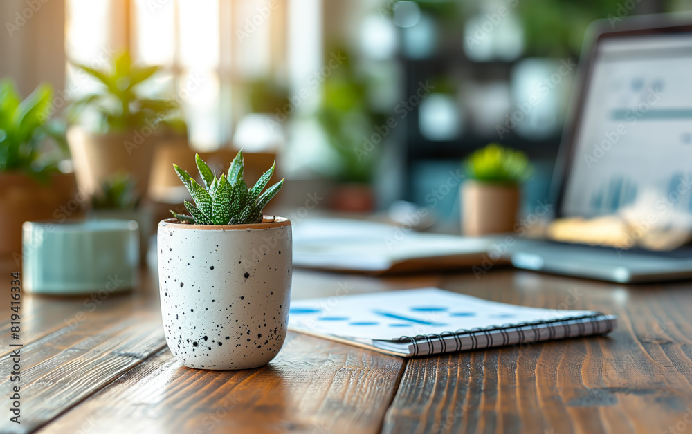 Wall mural A cozy office workspace featuring a potted succulent plant