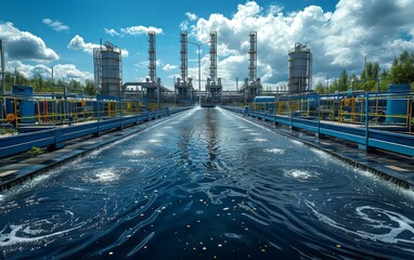 Industrial water treatment plant with clear blue skies, showcasing infrastructure and technology for clean water management.