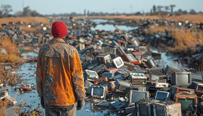 Man standing in field of discarded electronic devices, highlighting e-waste and environmental pollution issues.