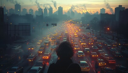Silhouette of person overlooking a busy city highway at sunset, with heavy traffic and urban skyline in the background.