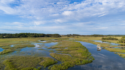 Low county marsh views from drone